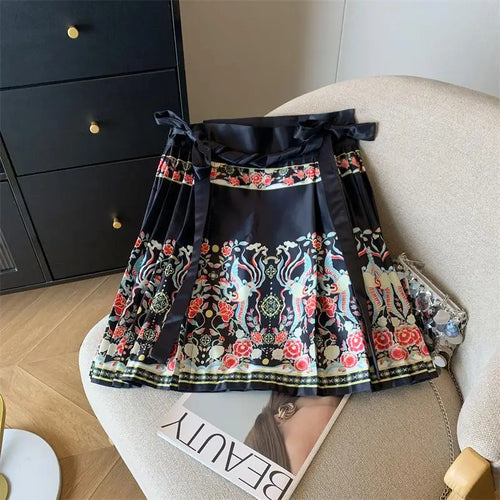 Load image into Gallery viewer, Spring Chinese Style Improved Printed Bandage Mini Skirt Women High Waist Slim A-line Pleated Horse Face Short Skirts Versatile
