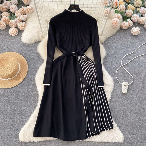 Load image into Gallery viewer, Autumn Fashion New Knitted Straight Patchwork Party Long Dress Korean Women's Half High Neck Elegant Casual Sweater Warm Dresses

