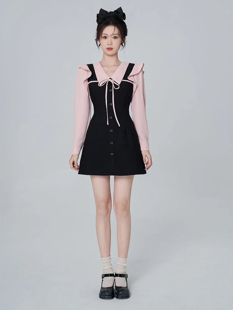 Y2k Hotsweet Kawaii Ruffle Dress Soft Mori Sweet Preppy Style School Black Autumn Mini Short Party Dresses Student