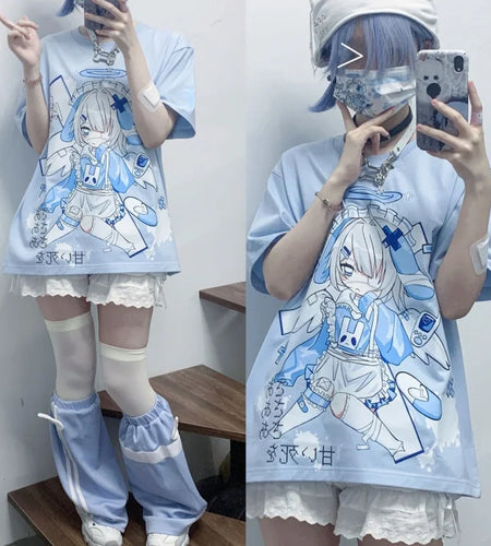 Oversized T Shirts 2024 Women Clothing Japanese Y2k Tops Fashion Summer Tees Short Sleeve O-neck Anime Print Casual T-shirts
