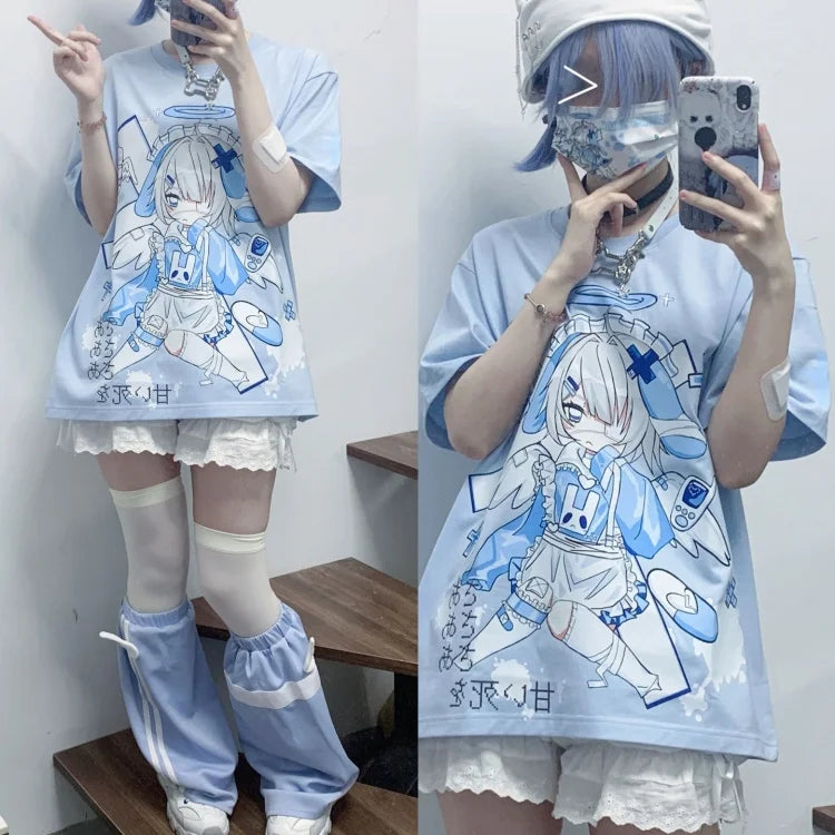 Oversized T Shirts 2024 Women Clothing Japanese Y2k Tops Fashion Summer Tees Short Sleeve O-neck Anime Print Casual T-shirts