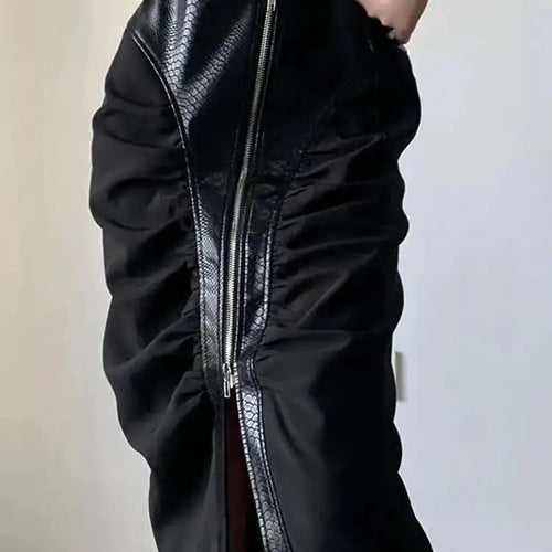Load image into Gallery viewer, High Waist Black Pu Leather Pleated Zipper Slit Midi Half-body Skirt Women Fashion Tide New Spring Autumn 2025 1DH7055

