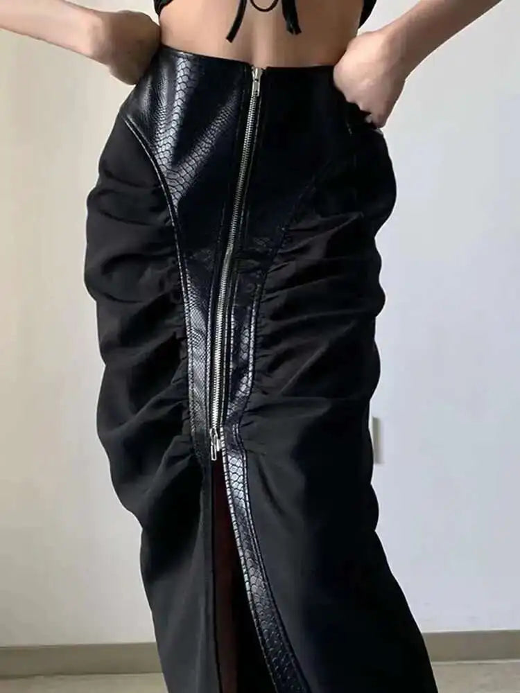 High Waist Black Pu Leather Pleated Zipper Slit Midi Half-body Skirt Women Fashion Tide New Spring Autumn 2025 1DH7055