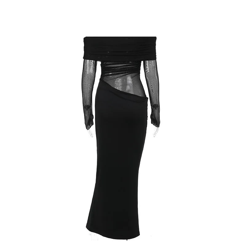 Off-shoulder Mesh See Through Sexy Maxi Dress For Women Elegant Strapless Long Sleeve Backless Bodycon Club Party Dress