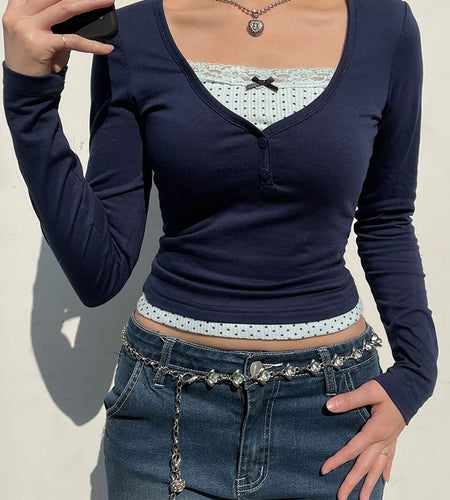 Y2K Vintage Korean Long Sleeve Tee Shirts Slim Lace Patched Basic Cute Female T shirt Bow Casual Crop Tops Contrast