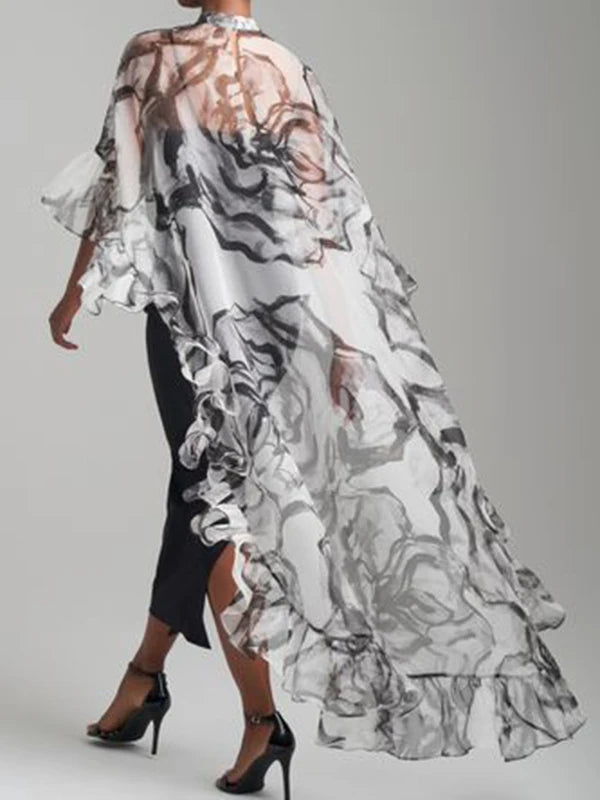 Fashion Vintage Cover-up Top Floral Flower Print Pleated See-Through Sun Protection High-low Loose Blouses Shirts Tops