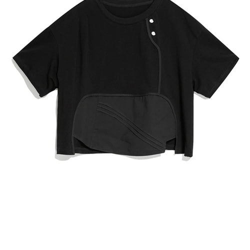 Load image into Gallery viewer, Women Black Button Pleated Irregular Big Size T-shirt New Round Neck Short Sleeve Fashion Tide Spring Summer 2025 1DJ1752
