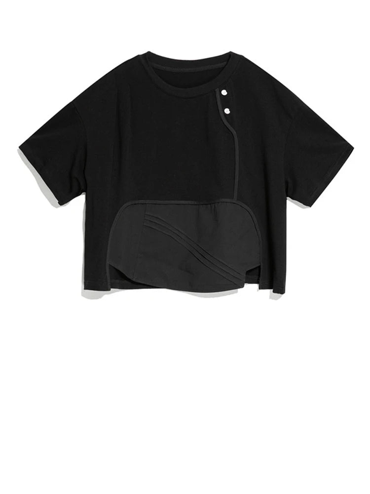 Women Black Button Pleated Irregular Big Size T-shirt New Round Neck Short Sleeve Fashion Tide Spring Summer 2025 1DJ1752