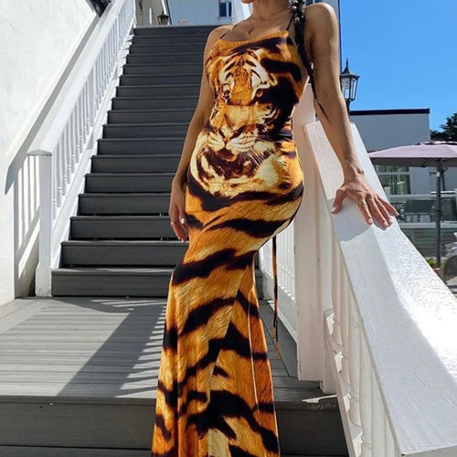Load image into Gallery viewer, Fashion Print Sexy Backless Tie Slim Fit Women's Dress Spaghetti Strap Tiger Print Maxi Dress Elegant Party Vestidos
