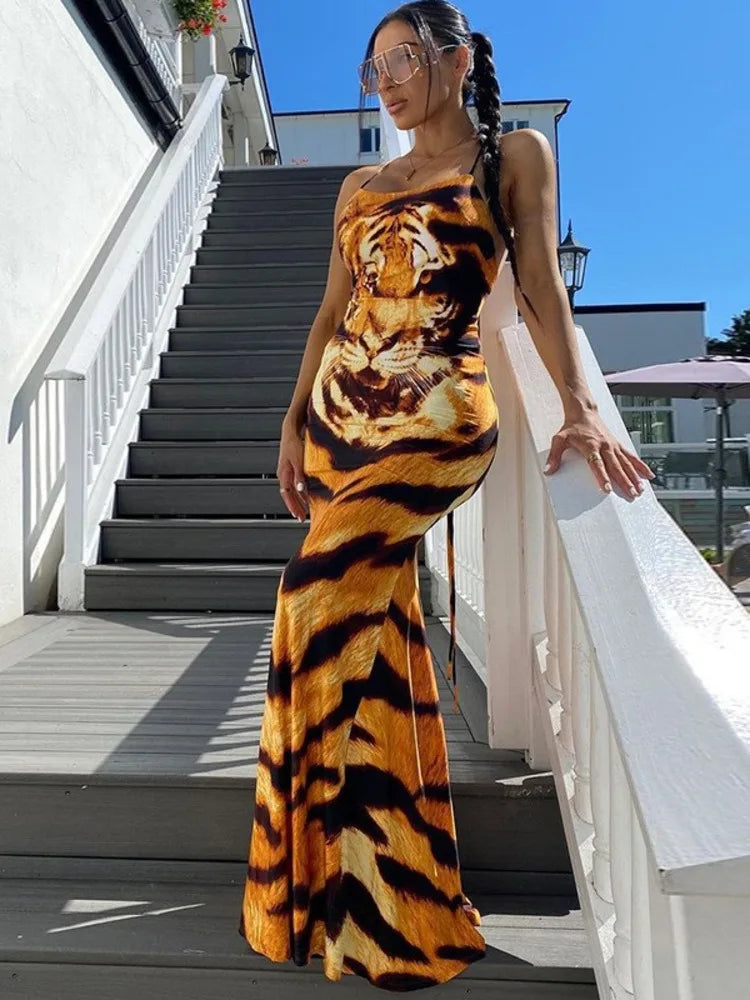 Fashion Print Sexy Backless Tie Slim Fit Women's Dress Spaghetti Strap Tiger Print Maxi Dress Elegant Party Vestidos