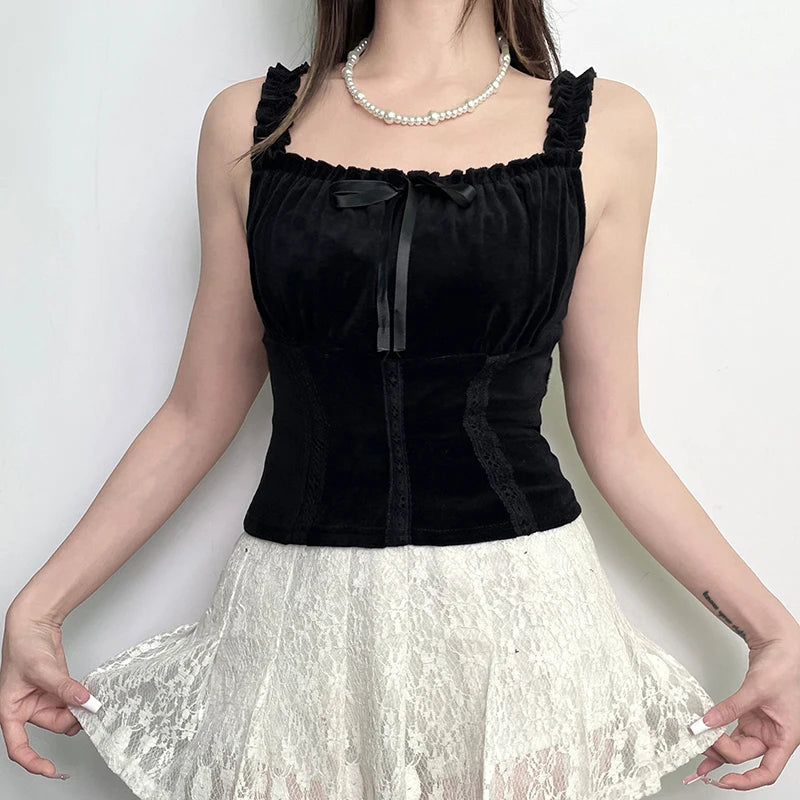 Vintage Gothic Fold Women Tops Camisole Y2K Aesthetic Ruched Tie Up Bow Crop Top Short 90s Grunge Chic Party Clothing