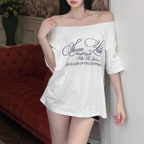Load image into Gallery viewer, Y2k Aesthetic Casual Off Shoulder T-shirt Loose Letter Printing Harajuku Tshirts Grunge Vintage Streetwear Oversized Tee Shirts
