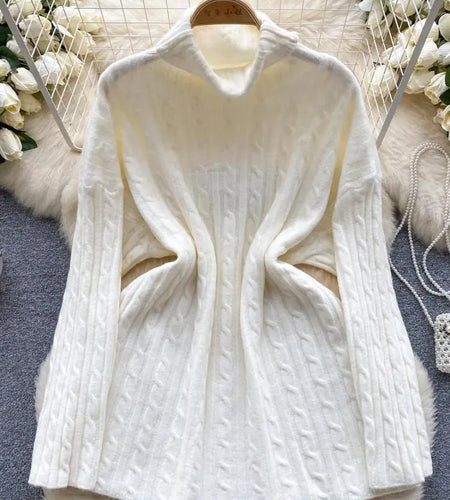 Autumn Winter Women's Solid Elegant High-neck Knitting Sweater Female Loose Thick Warm Long Sleeves Simple Crochet Pullover Tops