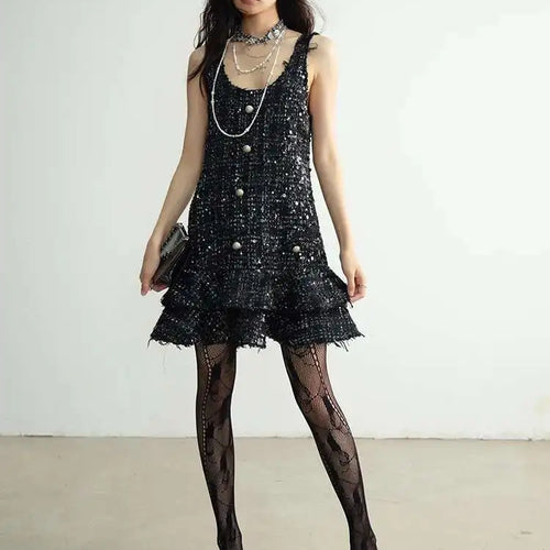 Load image into Gallery viewer, Women Black Sequins Tassels Ruffles Mini Elegant Dress New Round Neck Sleeveless Fashion Tide Spring Autumn 2025 1DH8269
