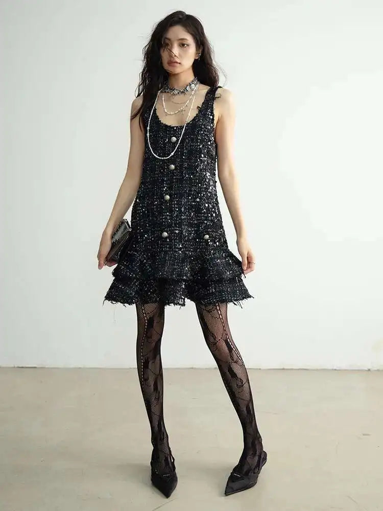 Women Black Sequins Tassels Ruffles Mini Elegant Dress New Round Neck Sleeveless Fashion Tide Spring Autumn 2025 1DH8269