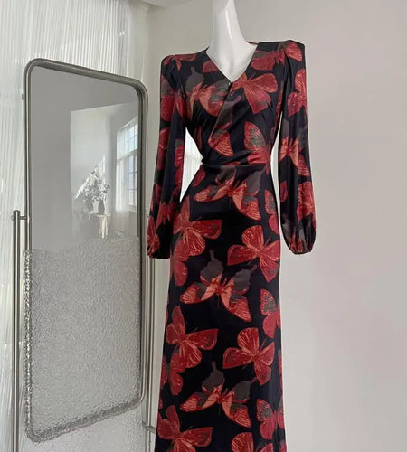 French Fashion Women New Red Print Long Sleeve Velvet Dress Autumn Winter V-neck Elegant High Waist Slim Holiday Wrap Hip Dress