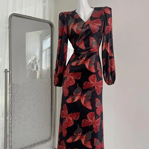 Load image into Gallery viewer, French Fashion Women New Red Print Long Sleeve Velvet Dress Autumn Winter V-neck Elegant High Waist Slim Holiday Wrap Hip Dress
