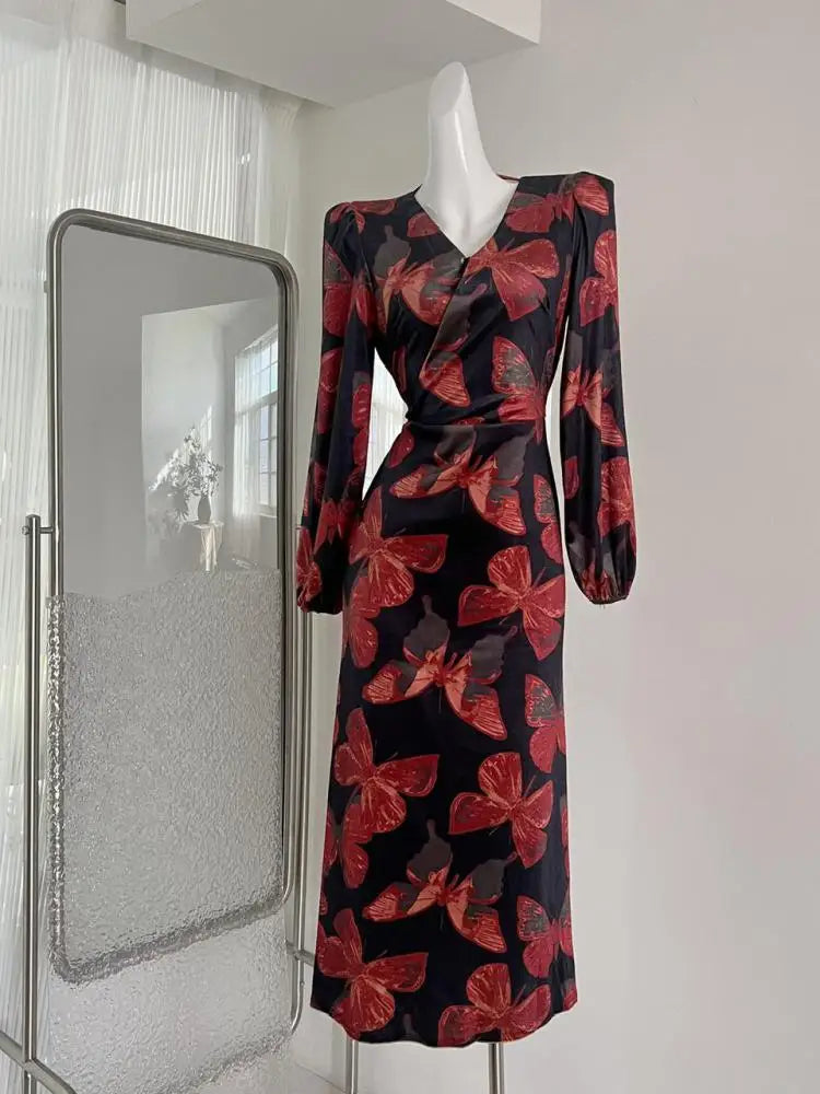 French Fashion Women New Red Print Long Sleeve Velvet Dress Autumn Winter V-neck Elegant High Waist Slim Holiday Wrap Hip Dress