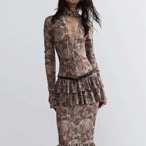 Load image into Gallery viewer, Women Beige Hollow Out Bandge Ruffles Long Elegant Dress New V-Neck Long Sleeve Fashion Tide Spring Autumn 2025 1DH4719
