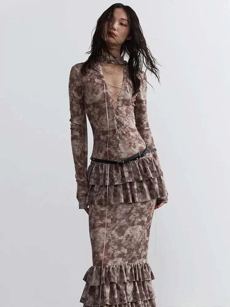 Women Beige Hollow Out Bandge Ruffles Long Elegant Dress New V-Neck Long Sleeve Fashion Tide Spring Autumn 2025 1DH4719