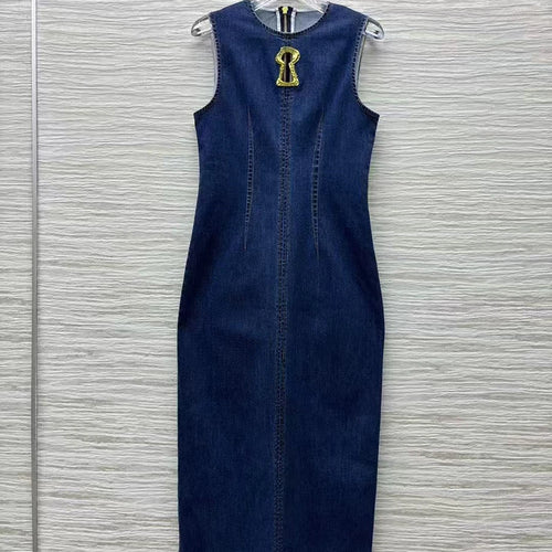 Load image into Gallery viewer, Slimming Hollow Out Minimalsit Dresses for Women Round Neck Sleeveless Temperament Cowboy Dress Female Clothing New
