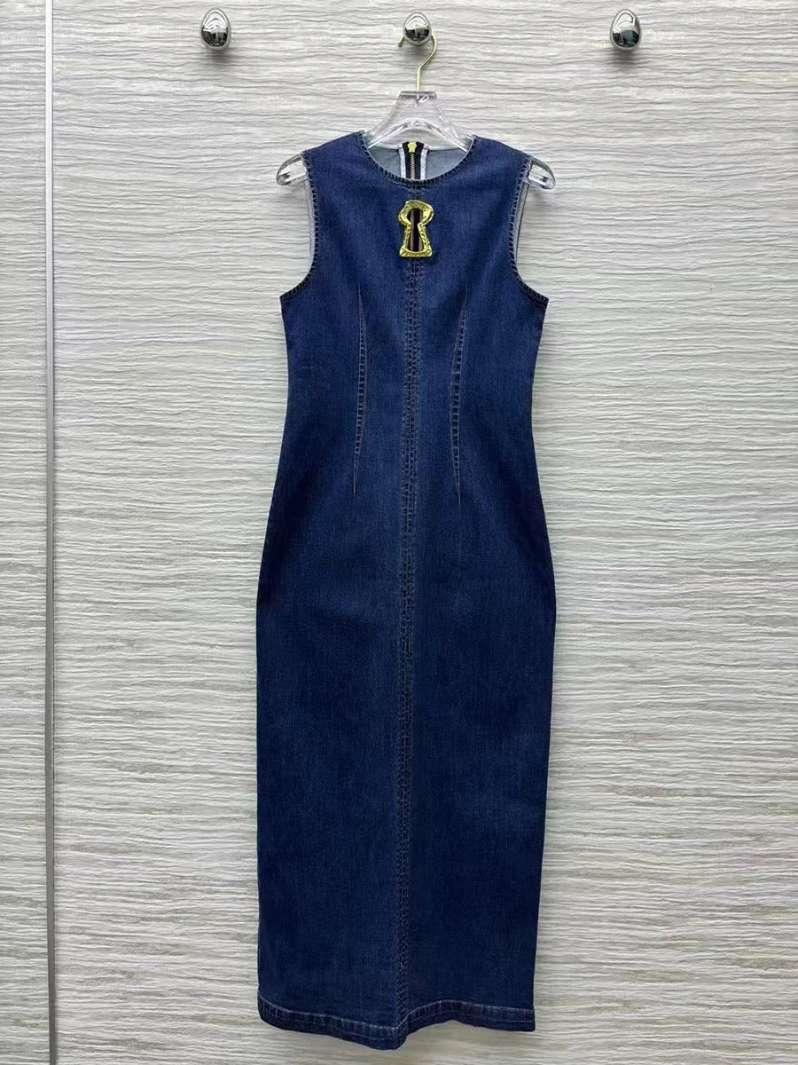 Slimming Hollow Out Minimalsit Dresses for Women Round Neck Sleeveless Temperament Cowboy Dress Female Clothing New