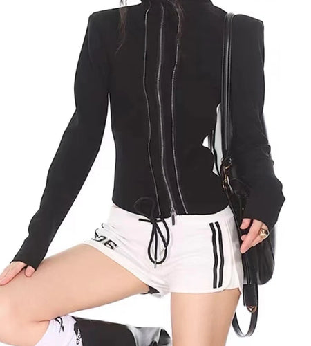 Solid Slimming Spliced Zipper Fashion T Shirts for Women High Neck Long Sleeves Temperament T Shirt Female Clothing