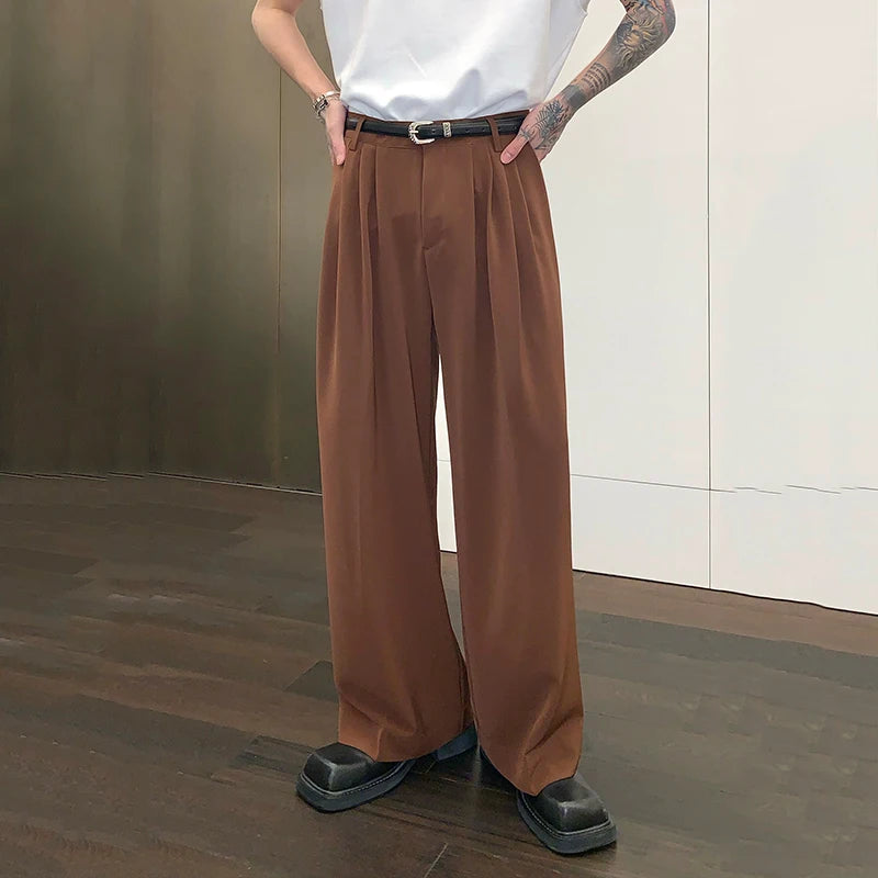 Korean Style Chic Drape Straight Suit Pants Men Loose Simple Solid Color Wide Leg Casual Floor Mop Trousers Autumn 9C6900