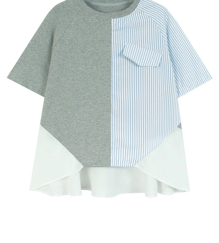 Women Gray Striped Color-block Big Size T-shirt New Round Neck Short Sleeve Fashion Tide Spring Summer 2025 1DJ0589