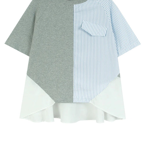 Load image into Gallery viewer, Women Gray Striped Color-block Big Size T-shirt New Round Neck Short Sleeve Fashion Tide Spring Summer 2025 1DJ0589
