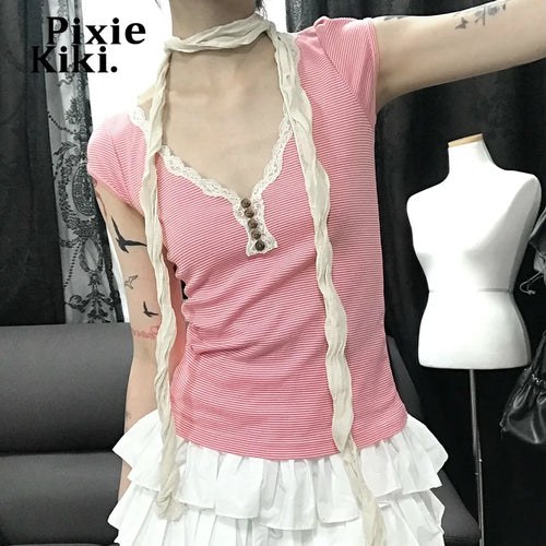 Load image into Gallery viewer, Pink Striped Lace Trim V Neck Short Sleeve Tops Y2k 2000s Cute Clothing Women T Shirts Summer 2024 P67-BA10
