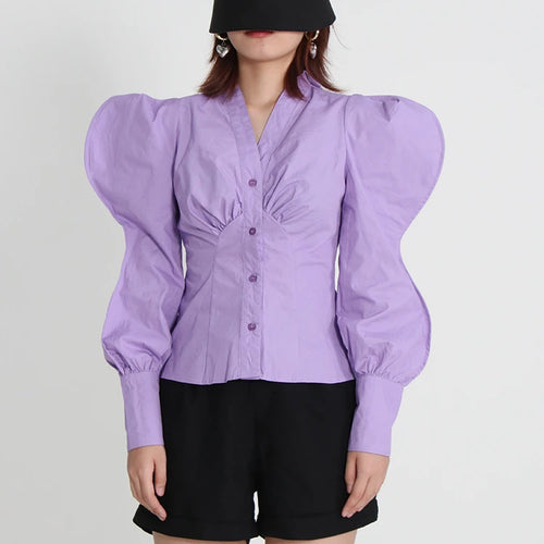 Load image into Gallery viewer, Korean Style Slim Shirt For Women V Neck Puff Sleeve Solid Minimalist Blouses Female Spring Clothing Fashion
