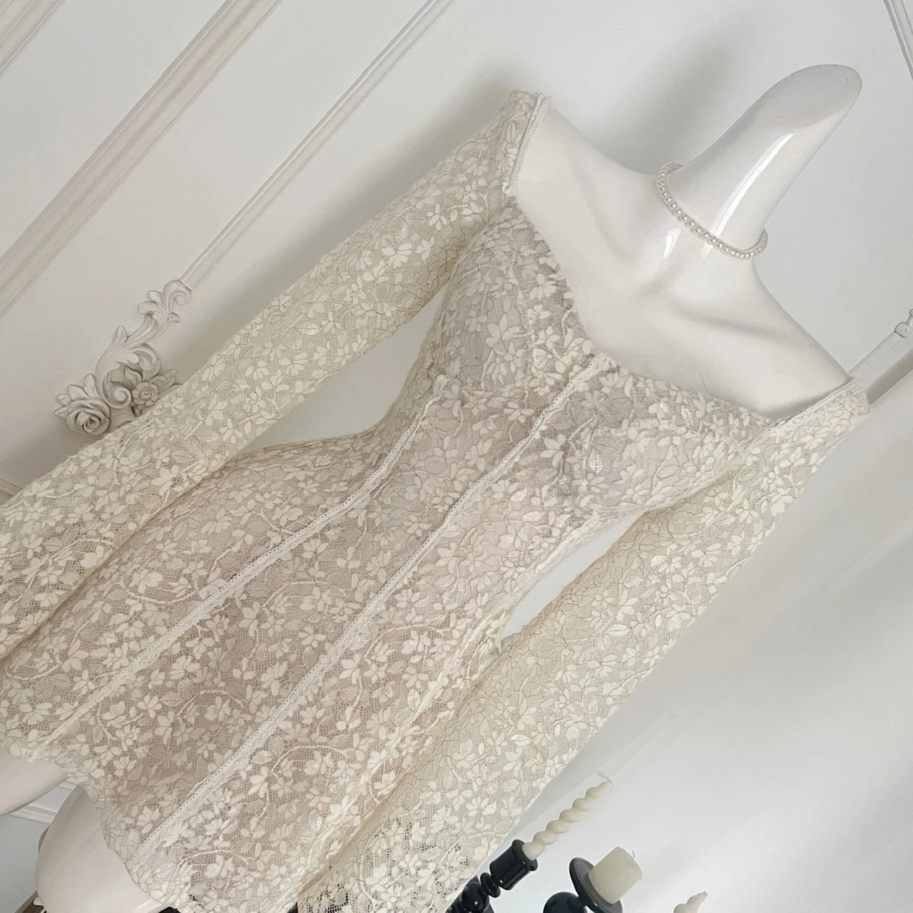 Vintage Women Beige Lace Elegant Backless Short Dress Autumn Square Neck Long Sleeves Birthday Evening Party Dress 2024 Holiday