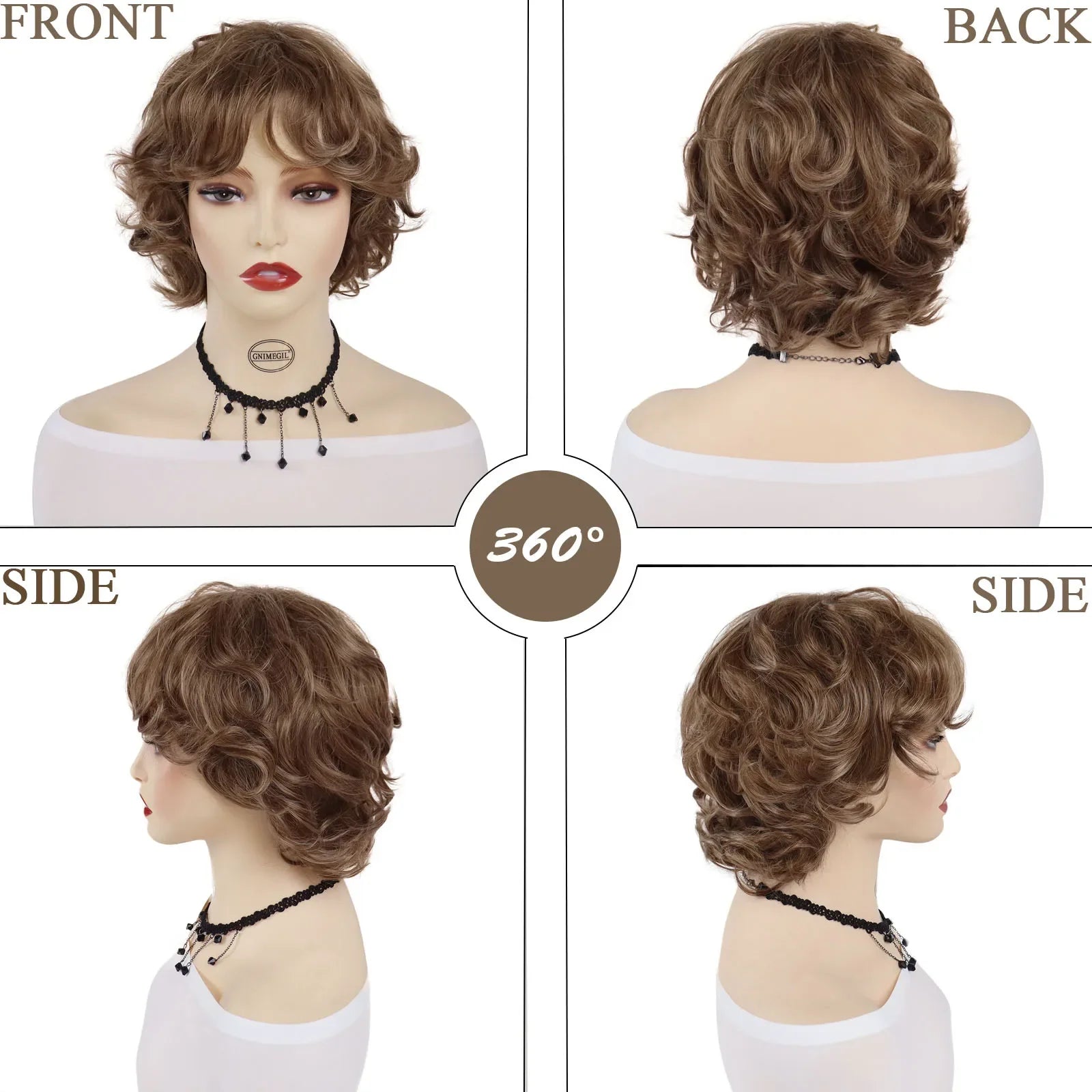 Synthetic Hair Curly Short Wigs for Women Brown Wig with Bangs Natural Hairstyles Mommy Wig Short Fluffy Wigs for Christmas Gift