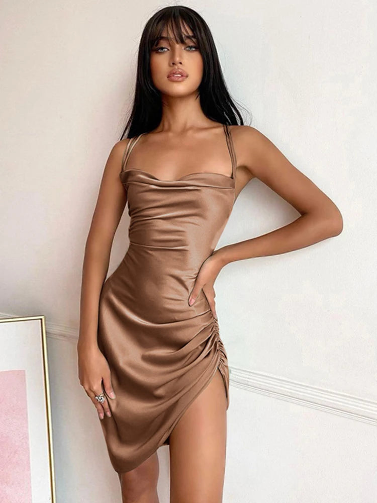Satin Bodycon Backless Dress Women Solid Spaghetti Strap Dress Women Spring Casual Hollow Out Skinny Evening Vestidos