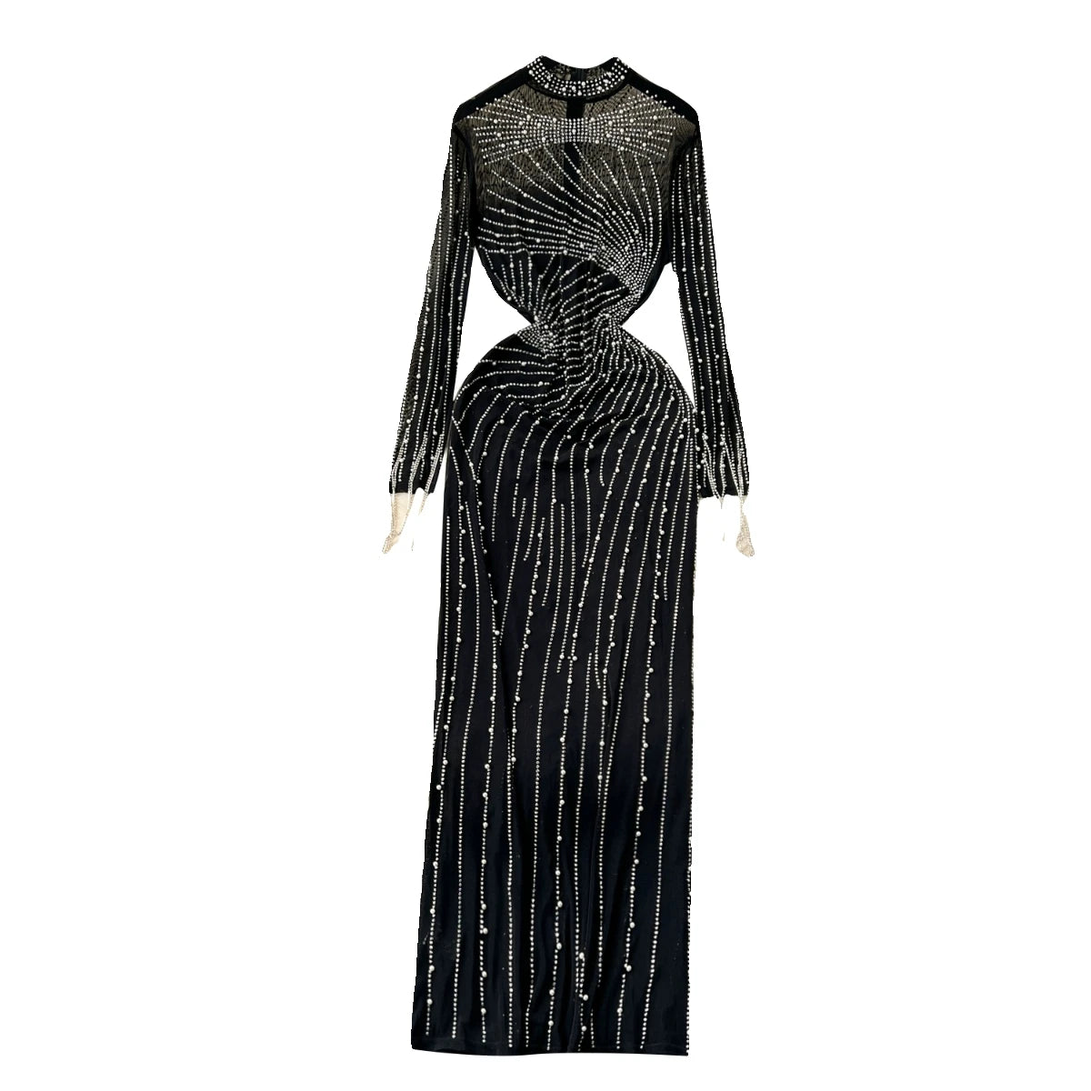 Women Black Mesh Tassel Long Sleeve Diamonds Bodycon Long Dresses Autumn Vintage Elegant Birthday Party Evening Dress French New