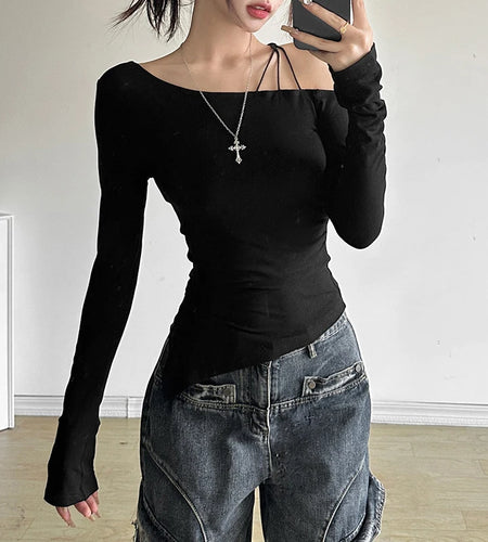 y2k Cold Shoulder Top Women Clothes Solid Color Slant Neck Long Sleeve Asymmetric Hem T Shirts 2000s Gothic Clothing