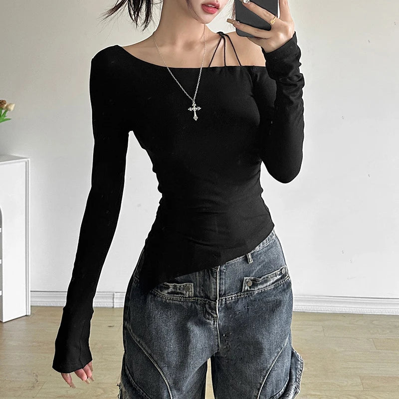 y2k Cold Shoulder Top Women Clothes Solid Color Slant Neck Long Sleeve Asymmetric Hem T Shirts 2000s Gothic Clothing