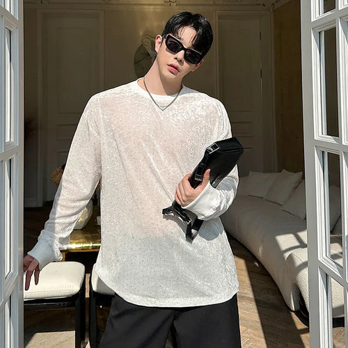 Load image into Gallery viewer, Men&#39;s T-shirts Spring Korean Semi Transparent Shiny Design Long Sleeve Round Collar Solid Color Male Clothing 9W1604
