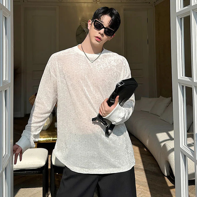 Men's T-shirts Spring Korean Semi Transparent Shiny Design Long Sleeve Round Collar Solid Color Male Clothing 9W1604
