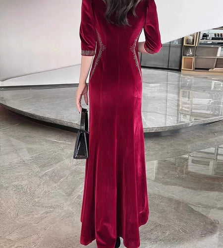 Solid Spliced Diamonds Slimming Dresses For Women O Neck Long Sleeve High Waist Temperament Dress Female Clothes