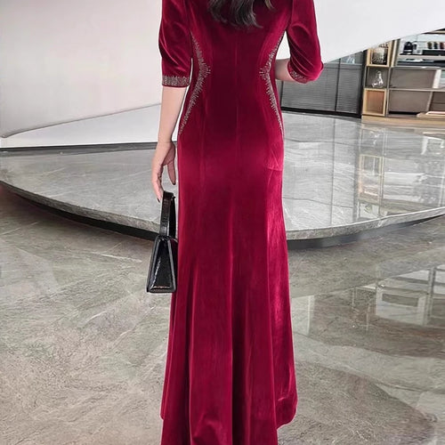 Load image into Gallery viewer, Solid Spliced Diamonds Slimming Dresses For Women O Neck Long Sleeve High Waist Temperament Dress Female Clothes
