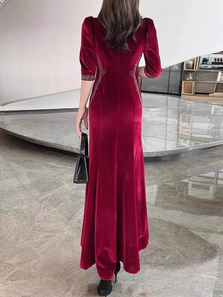 Solid Spliced Diamonds Slimming Dresses For Women O Neck Long Sleeve High Waist Temperament Dress Female Clothes