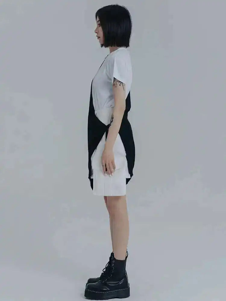 Women White Color-block Irregular Casual T-shirt New Round Neck Short Sleeve Fashion Tide Spring Summer 2025 1DE8091