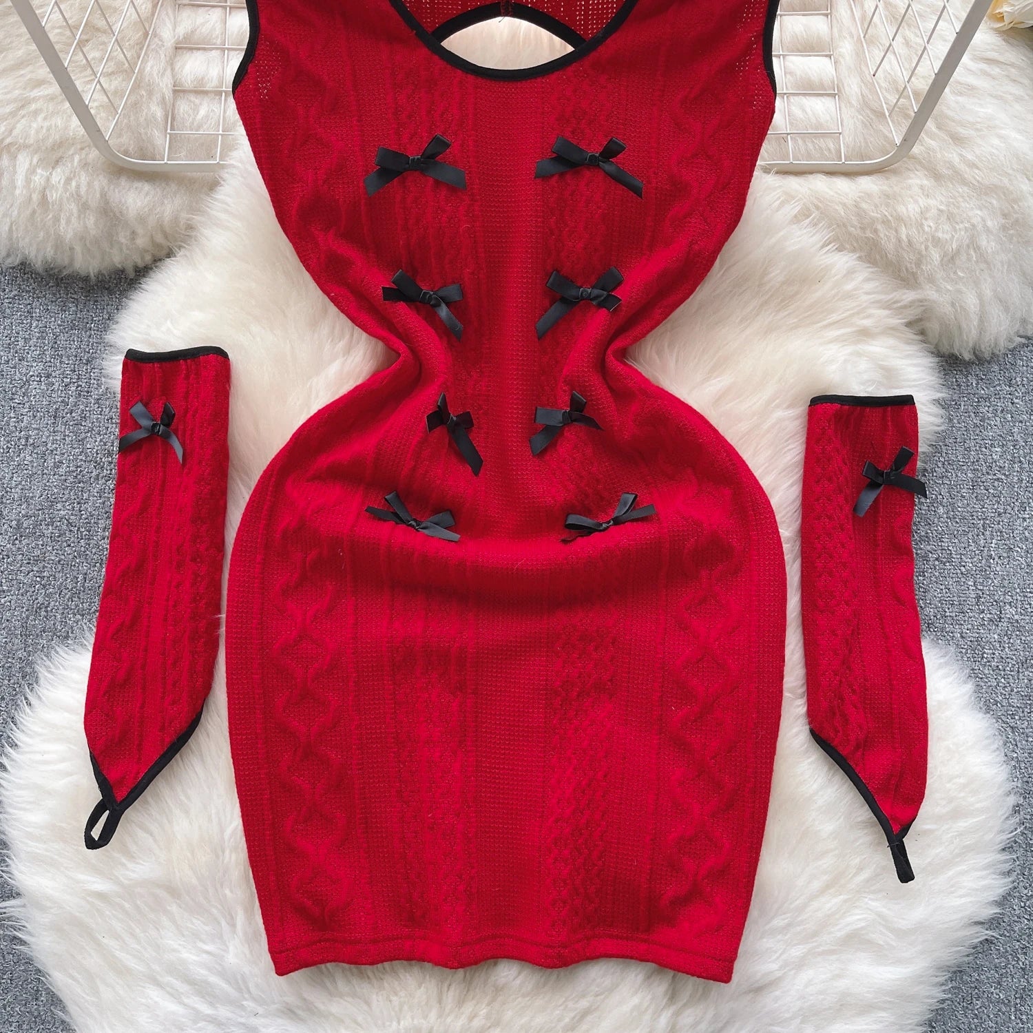 Christmas Atmosphere Sweet Party Sexy Club Women Wrapped Hip Short Dress Spring Summer Red Patchwork Hollow Out Bow Short Dress