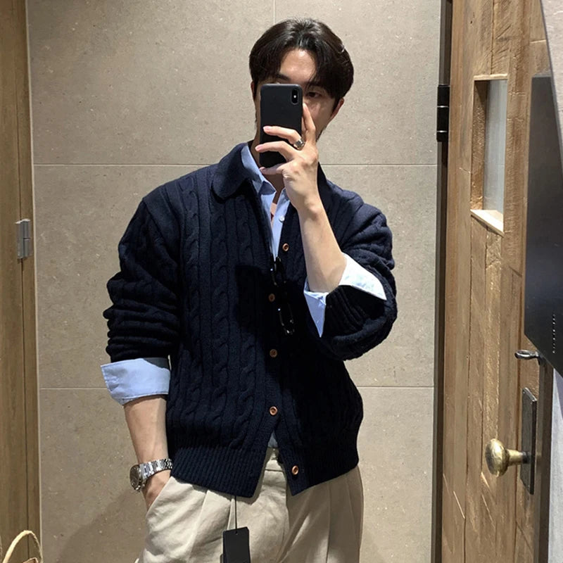 Solid Color Men's Sweaters Lapel Knitting Korean Style Single Breasted Twisted Casual Male Cardigan Spring Menswear 9W1231