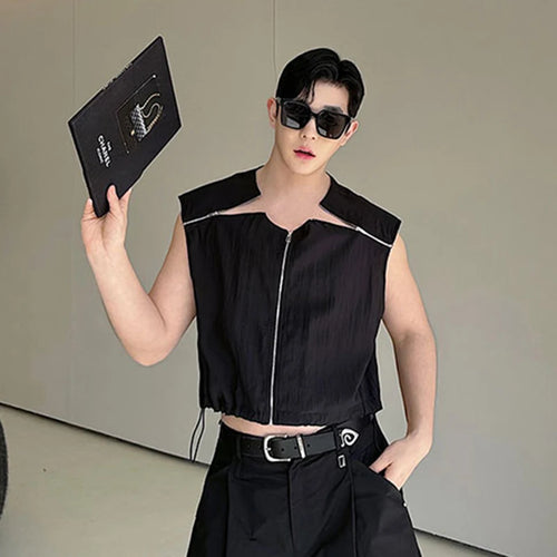 Load image into Gallery viewer, Versatile Deconstructed Male Vest Zipper Patchwork Drawstring Sun-proof Sleeveless T-shirt Summer Trendy 9C5943
