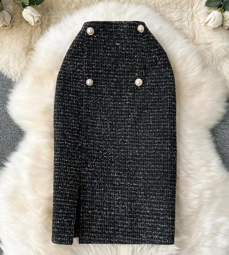 Autumn Winter Black Pearl Woolen Pencil Skirts Women White Office Elegant Midi Thick Warm Skirt New Wrap Hip Split Skirt Ladies