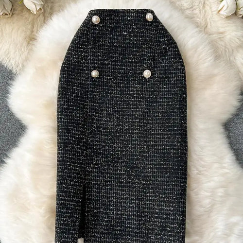 Load image into Gallery viewer, Autumn Winter Black Pearl Woolen Pencil Skirts Women White Office Elegant Midi Thick Warm Skirt New Wrap Hip Split Skirt Ladies
