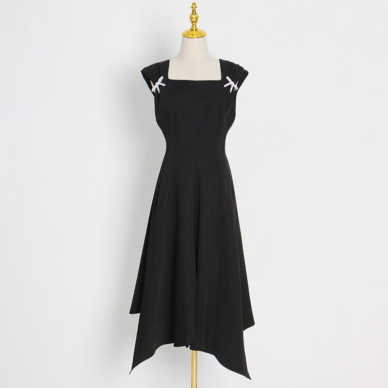 Elegant Black Dress For Women Square Collar Sleeveless High Waist Solid Patchwork Bowknot Midi Dresses Female Style